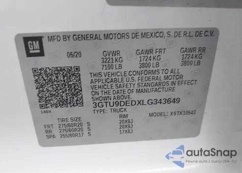 2020 GMC Sierra 1500 4Wd Short Box Slt из США, поврежденный, VIN 3GTU9DEDXLG343649